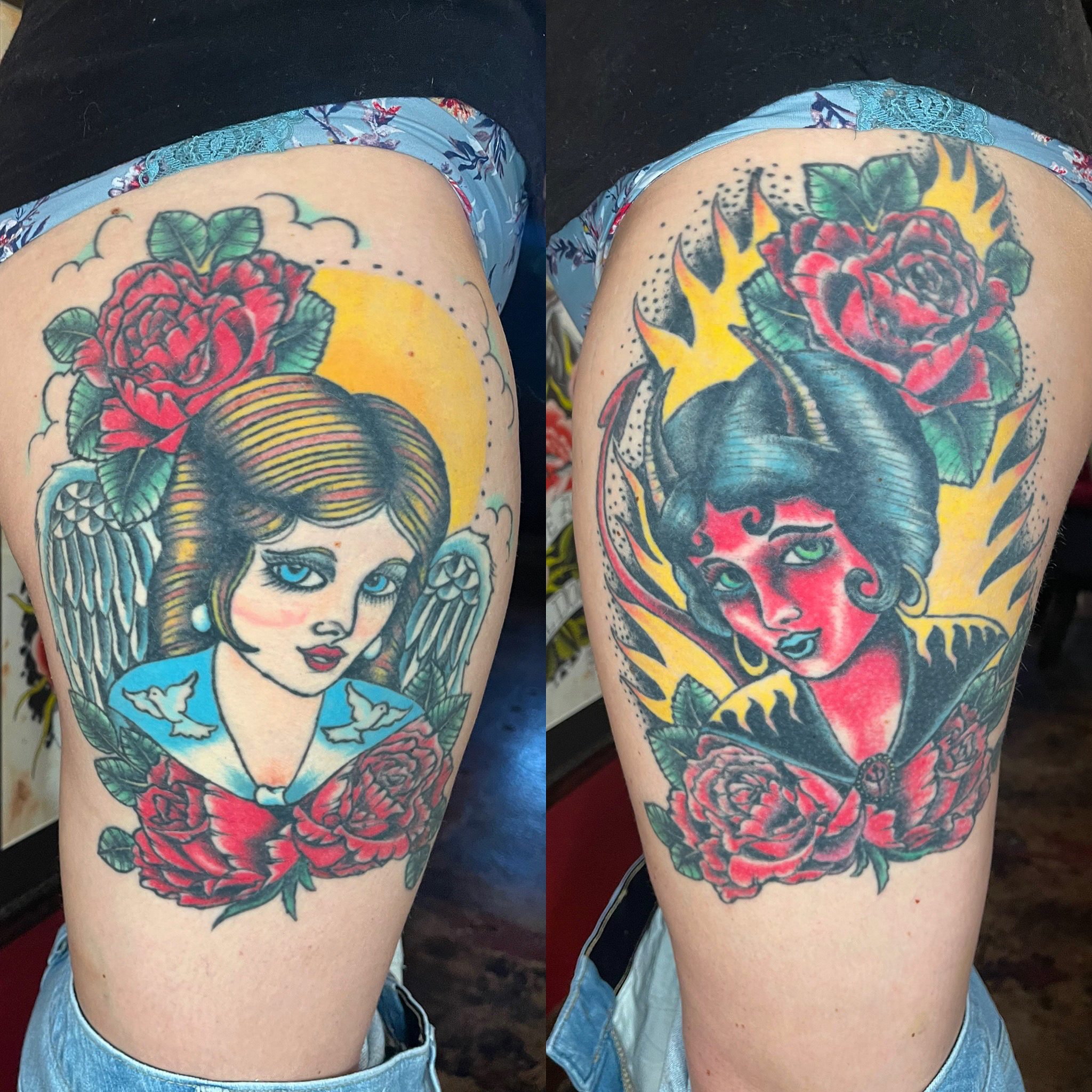 Tattoos of a woman and a devil on a woman's side
