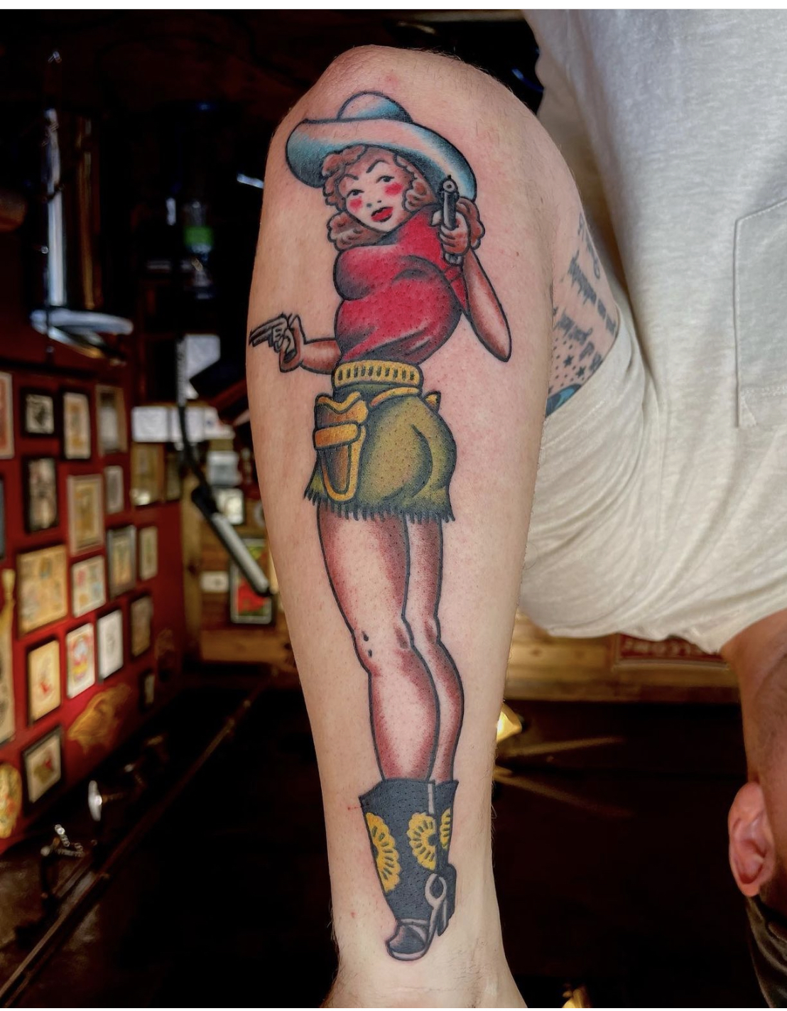 American Traditional cowgirl tattoo by Jake Johnson in Dallas, TX.