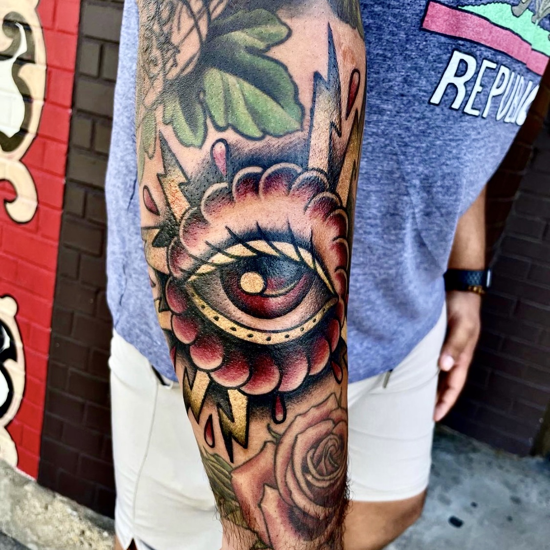 Tattoo of an eye on a man's arm