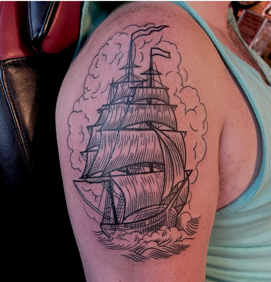 tattoo of an old ship from dallas tattoo artists
