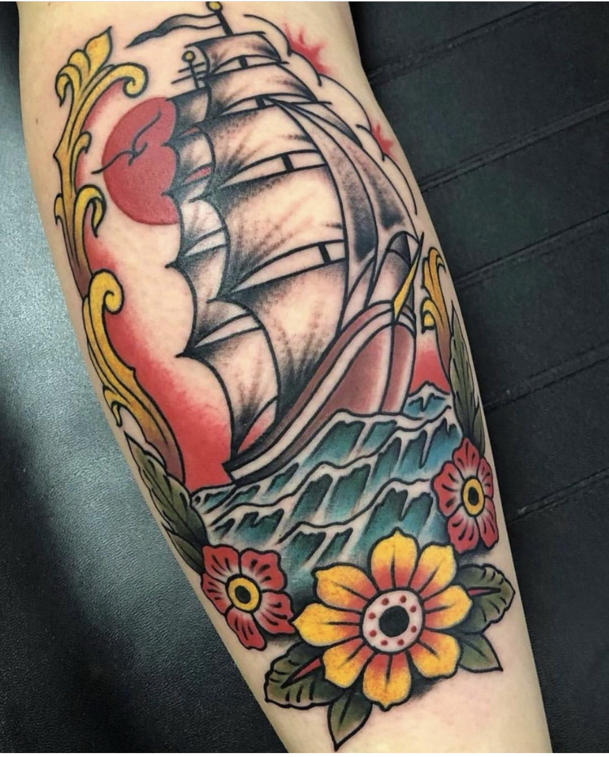 Tattoo of a boat from top tattoo shop in Dallas